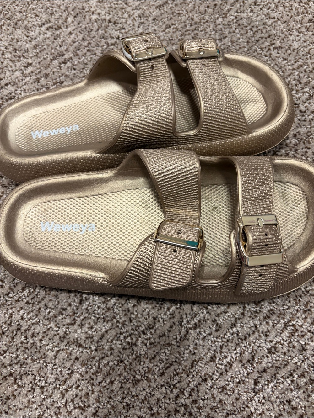 Metallic Gold Slide Sandals with Buckle Straps